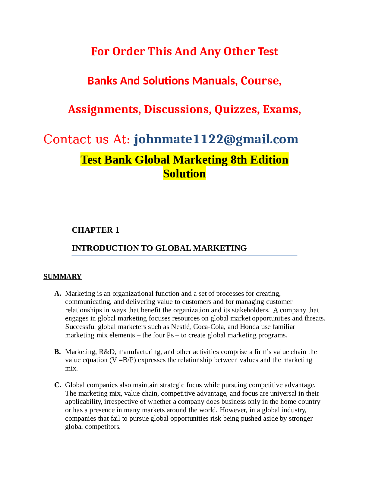 Preview of Test Bank Global Marketing 8th Edition Solution 2022